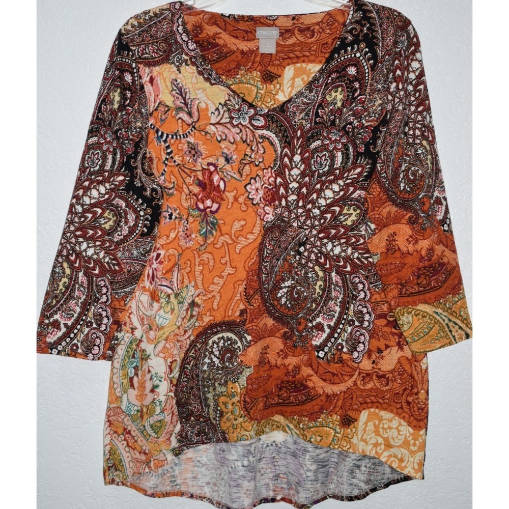 Chicos 1/Mediume Mix Print Tunic Top Multicolor Business Casual 3/4 Sleeve Vneck - Picture 9 of 15